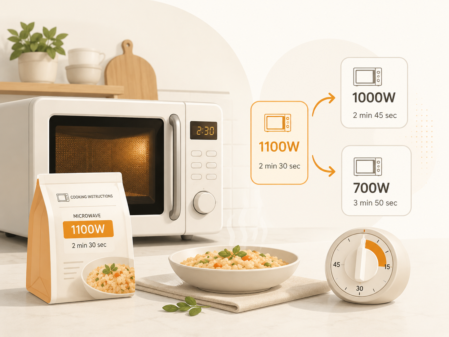Illustrated microwave conversion example showing 1100 watt instructions converting to 1000 watt and 700 watt cooking times.