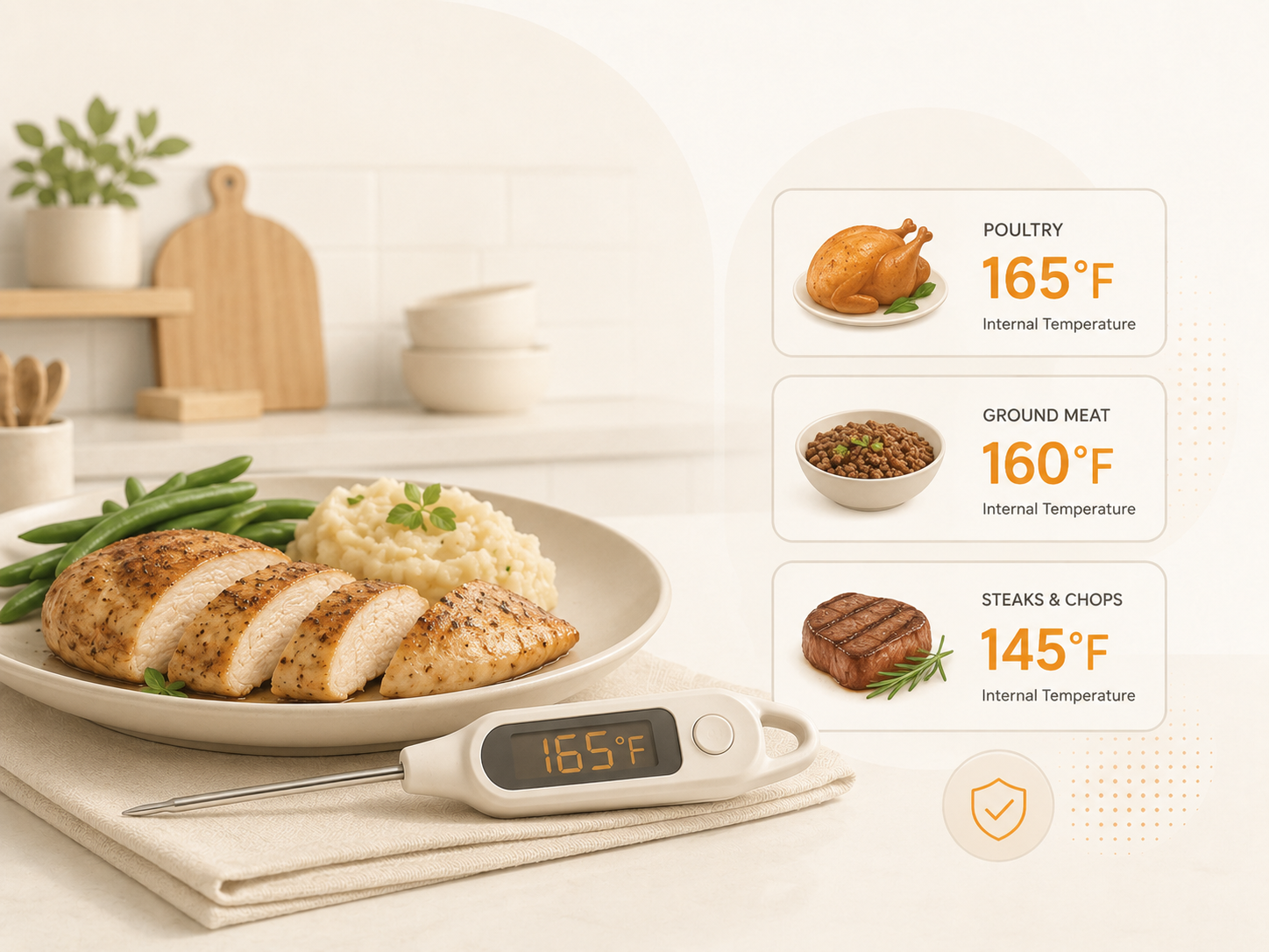 Illustrated internal cooking temperature guide highlighting poultry at 165 degrees Fahrenheit, ground meat at 160 degrees Fahrenheit, and steaks and chops at 145 degrees Fahrenheit.