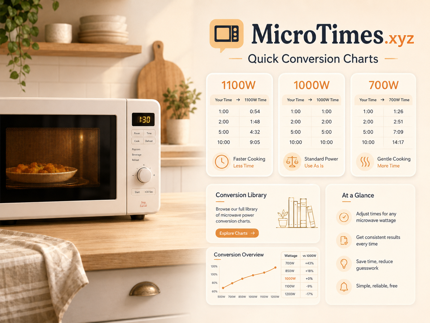 MicroTimes.xyz quick conversion charts illustration showing example 1100 watt, 1000 watt, and 700 watt reference panels.
