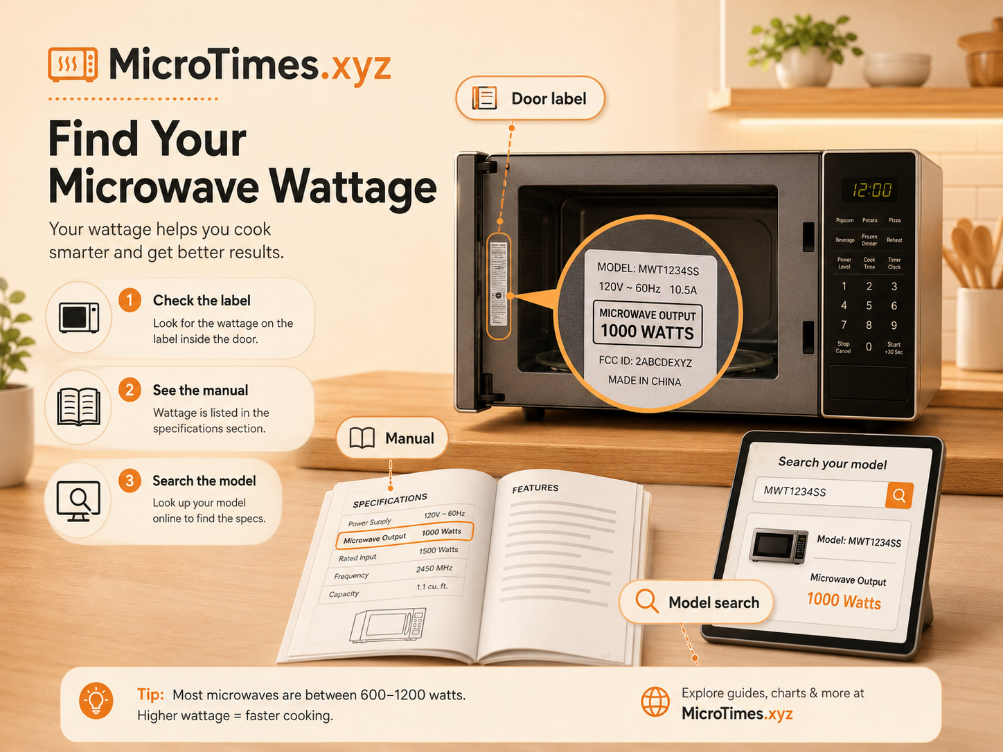 MicroTimes.xyz illustration showing how to find a microwave wattage using the door label, manual, and model search.