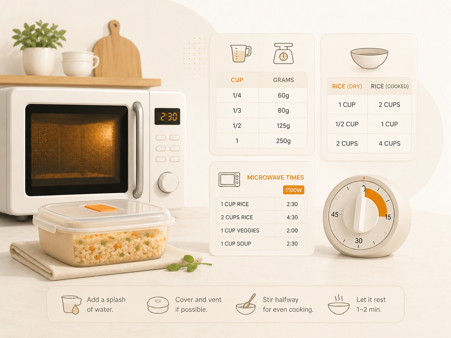 Illustrated microwave cooking reference with a microwave, food container, timer, and tips such as adding water, covering, stirring halfway, and letting food rest.