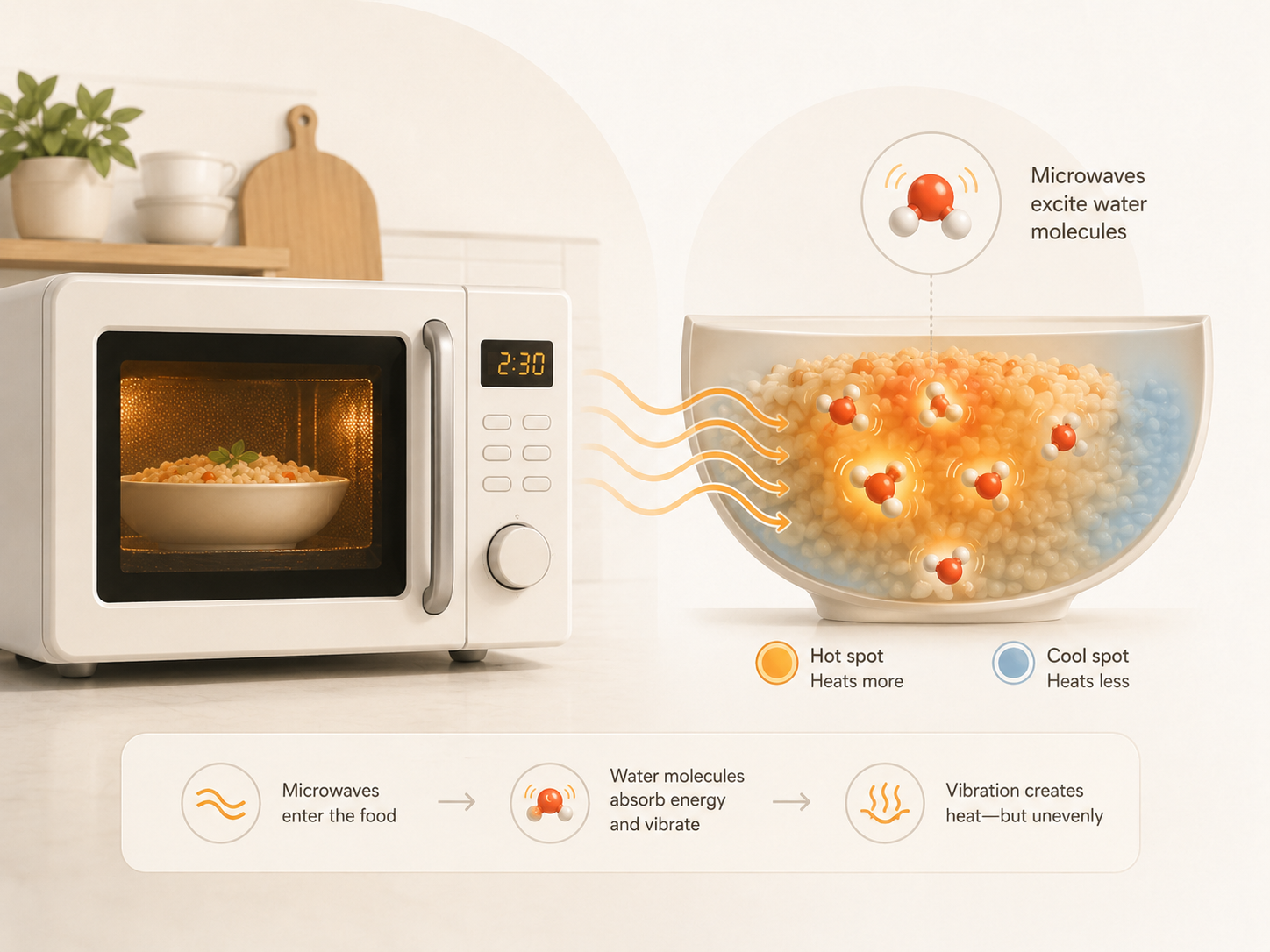 Educational illustration showing microwave heating behavior, how water-rich areas respond, and why some foods develop hot spots and cool spots.